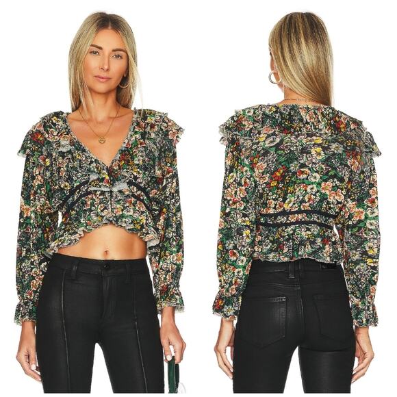 Free People Tops - Free People Night Garden Combo Rudi Ruffle Long Sleeve Crop Top